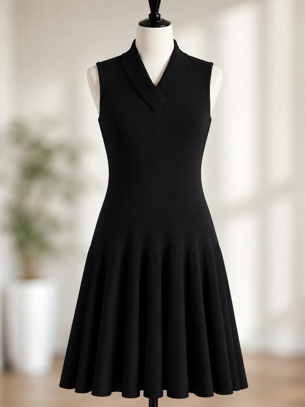 Authentic Alaïa Sleeveless Black Knit Fit Flare DressPleated SkirtMade in Italy
